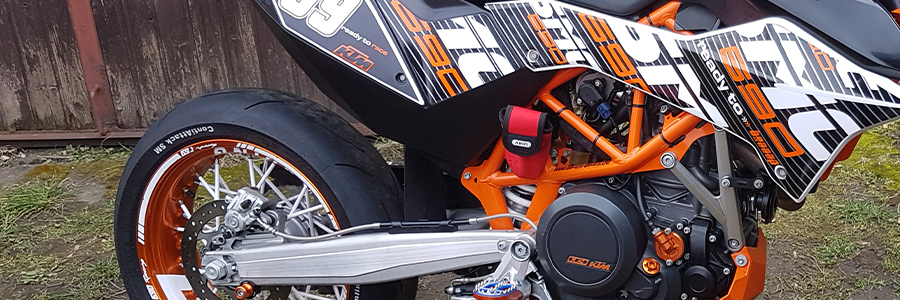KTM motorcycle decor with custom rim stickers
